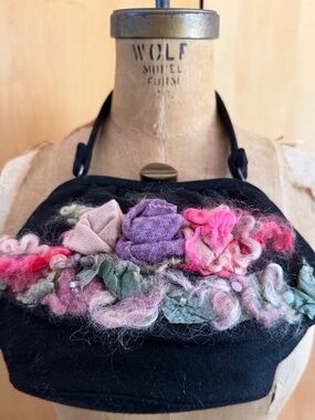 Handcrafted Black Wool & Felt  Handbag Featuring Dimensional Sculpted Flowers